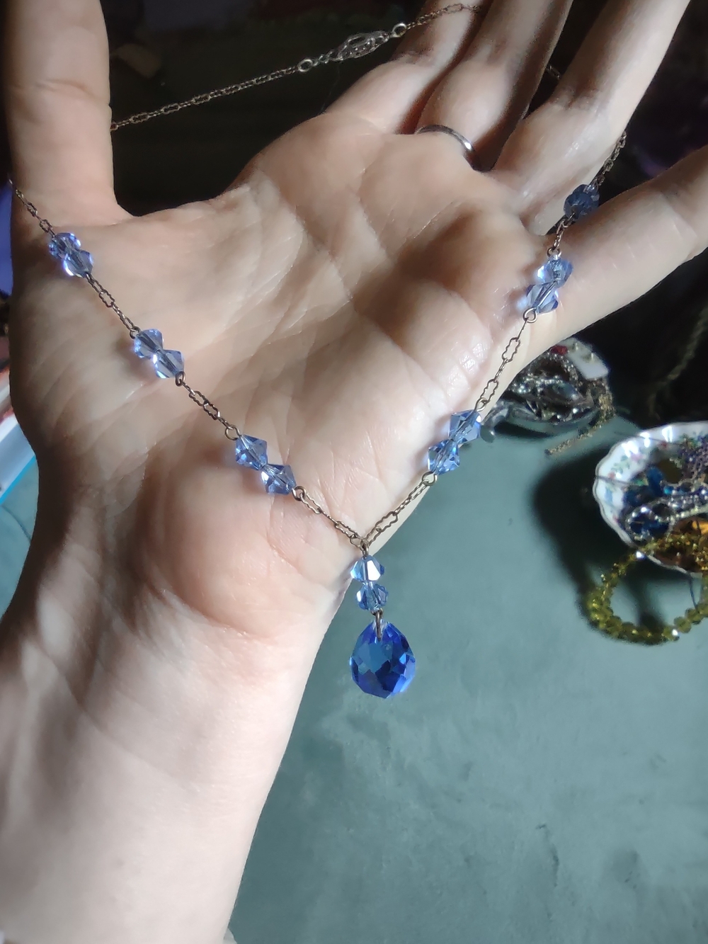 Delicate Art Deco Blue Crystal Teardrop Necklace